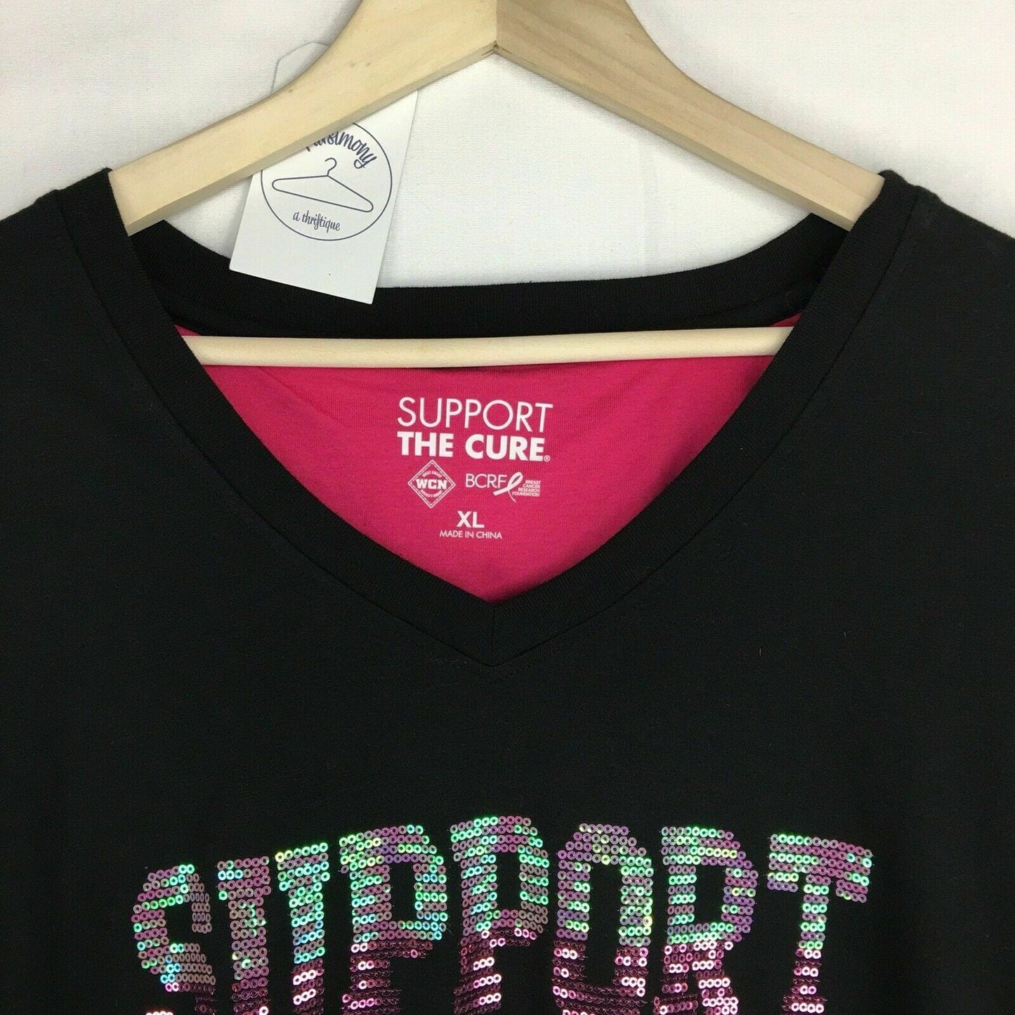 Breast Cancer Awareness Womens Size XL Black V-Neck T-Shirt “Support the Cure” Sequined L/s