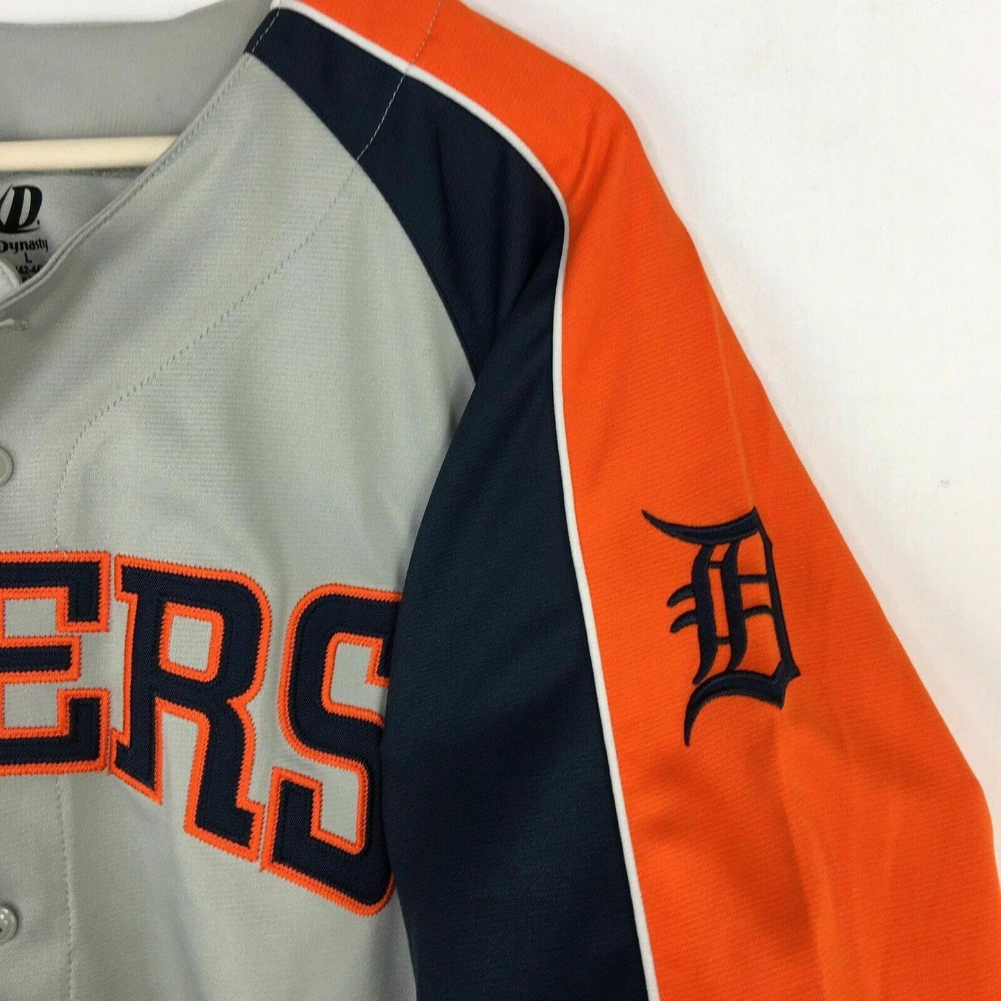 Dynasty Mens Size L Gray Blue Orange Baseball Jersey Shirt MLB Detroit Tigers S/s
