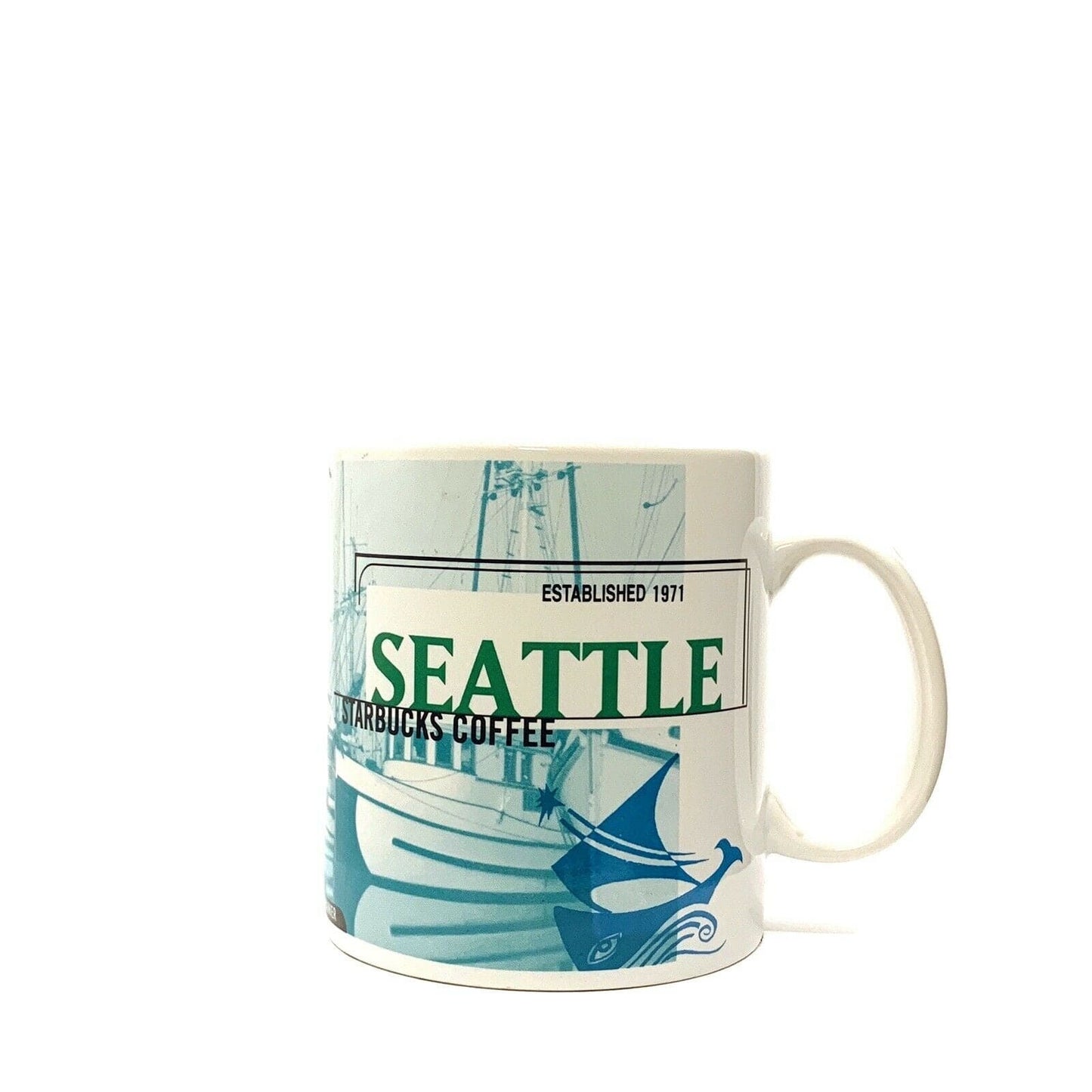 Starbucks Seattle WA Ceramic Coffee Mug  Cup 1999 Pink Elephant Fishing Boats