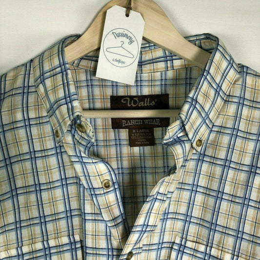 Sophisticated Walls Ranch Wear Mens Western Dress Shirt XL White Plaid Button-Up Long Sleeve