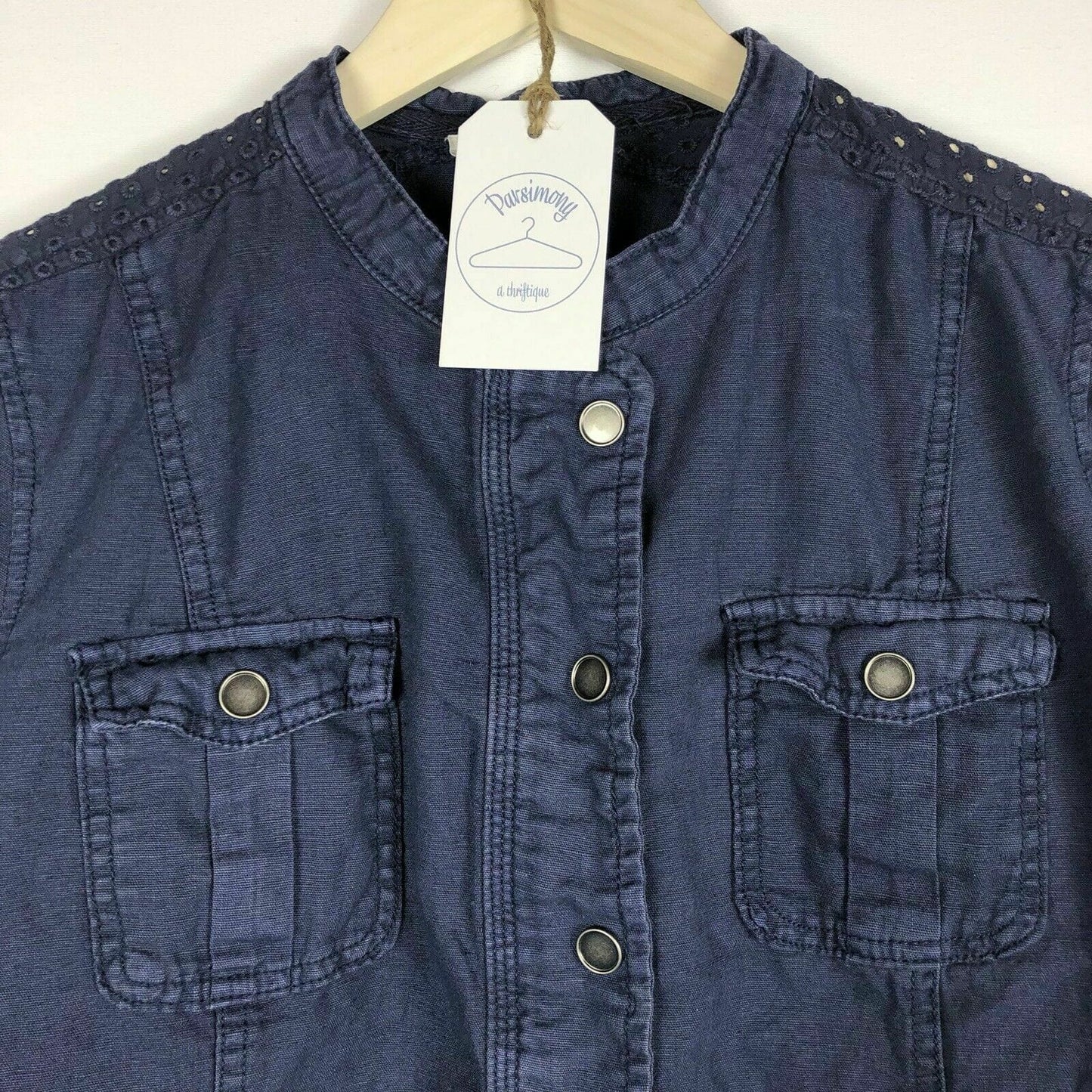 Chic Maurices Navy Blue Linen Military Jacket M Blue Cotton Blend Button Womens Used