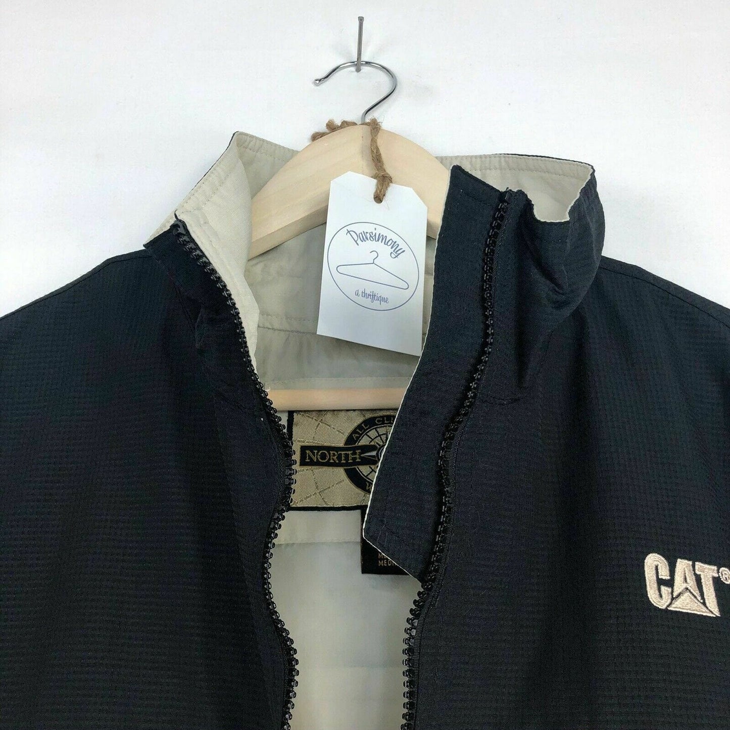 Stylish North End CAT Branded Jacket Black Beige M Nylon Blend Zipper Womens Used