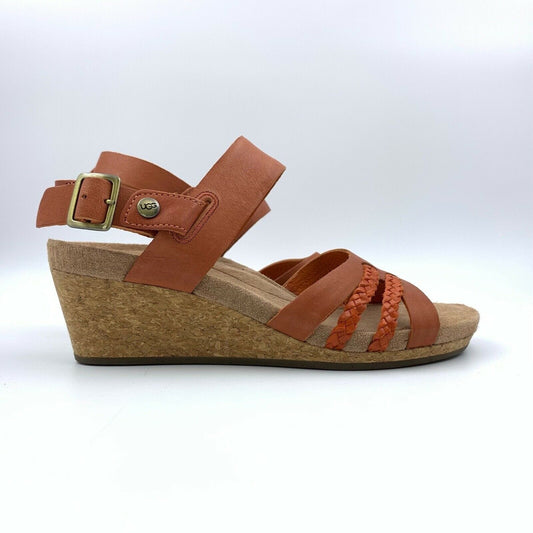 Striking UGG Womens Leather Wedge Ankle Strap Sandals Shoes - Size 5, Orange