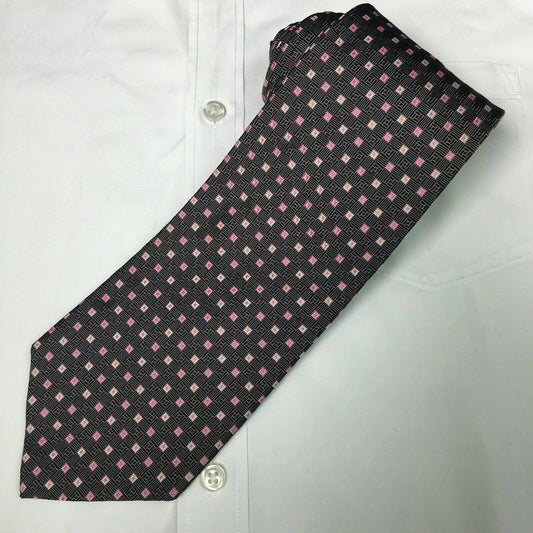 Sophisticated XMI Classic Men's Black Pink Square Pattern Italian Silk Neck Tie - Very Good