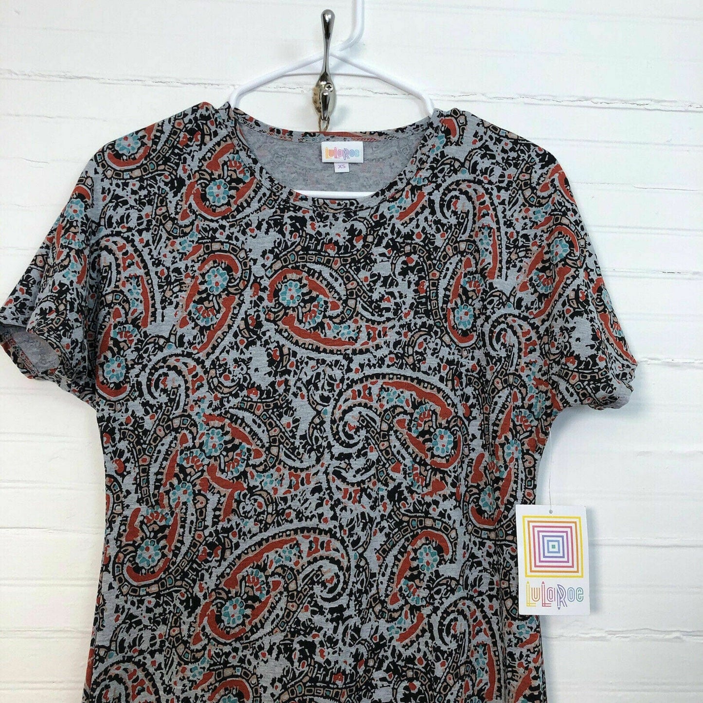 Charming LuLaRoe Women Gray Paisley Print Maria Dress Size XS Orange Black Teal Details