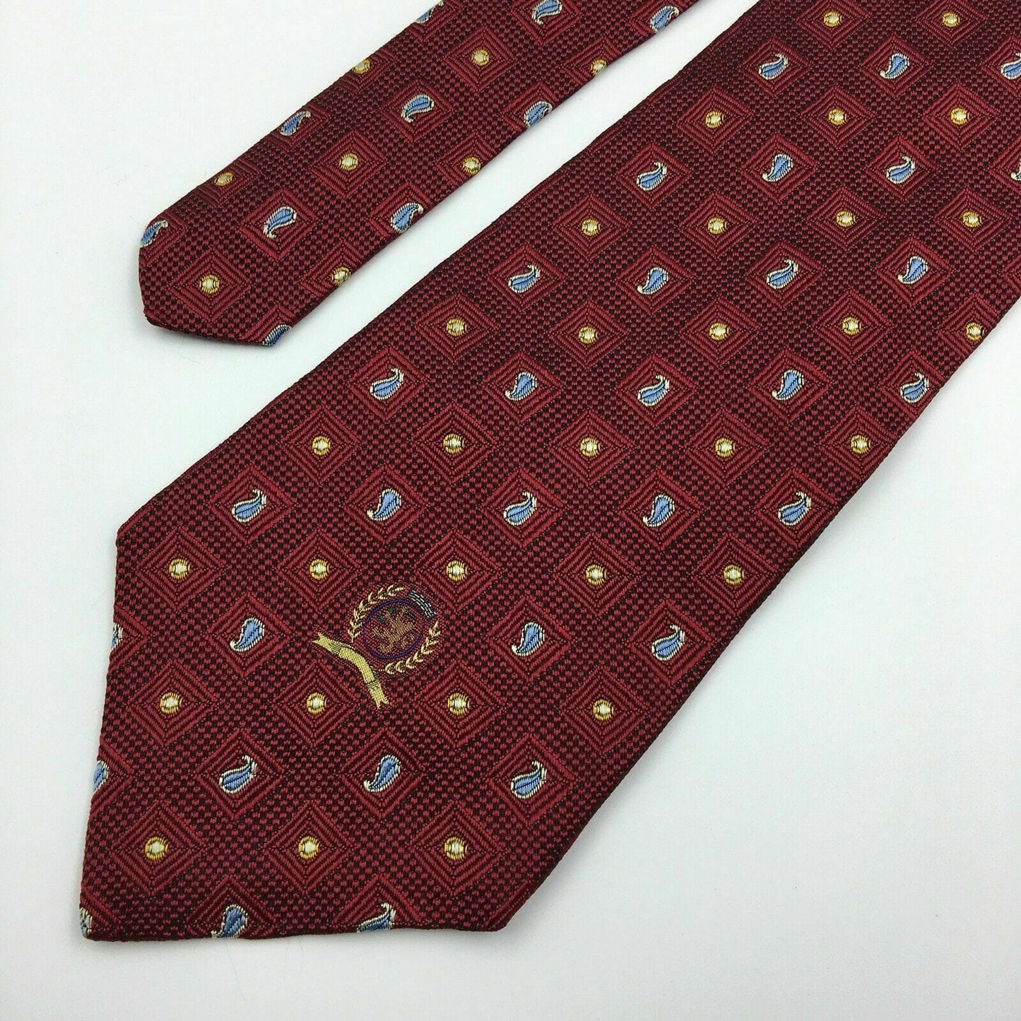 Tommy Hilfiger Mens Red Paisley Logo Square Pattern 100% Silk Neck Tie  58” X 4”