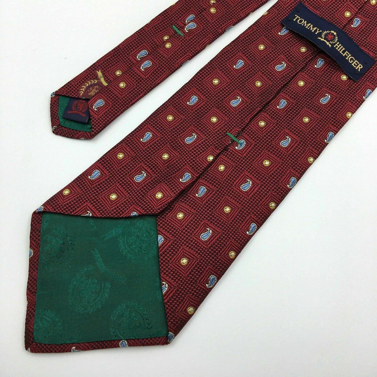 Tommy Hilfiger Mens Red Paisley Logo Square Pattern 100% Silk Neck Tie  58” X 4”