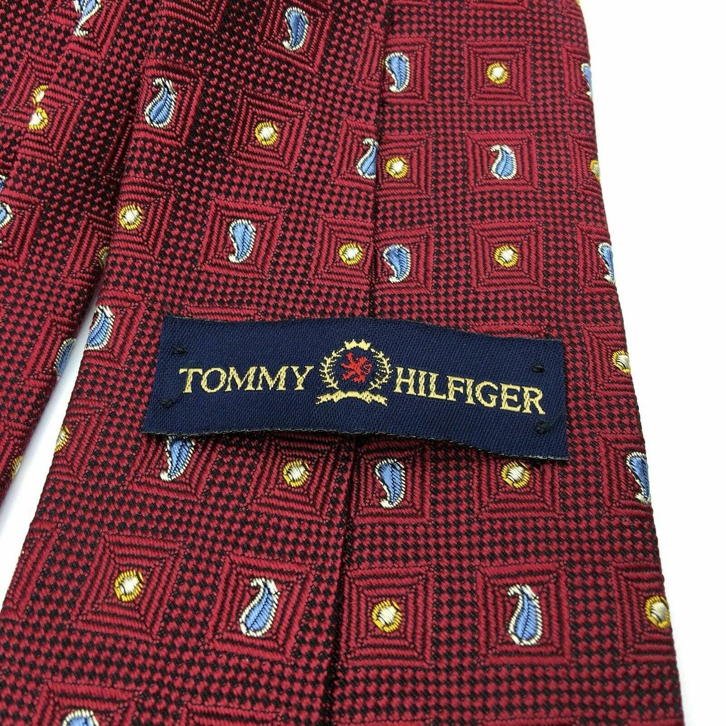 Tommy Hilfiger Mens Red Paisley Logo Square Pattern 100% Silk Neck Tie  58” X 4”