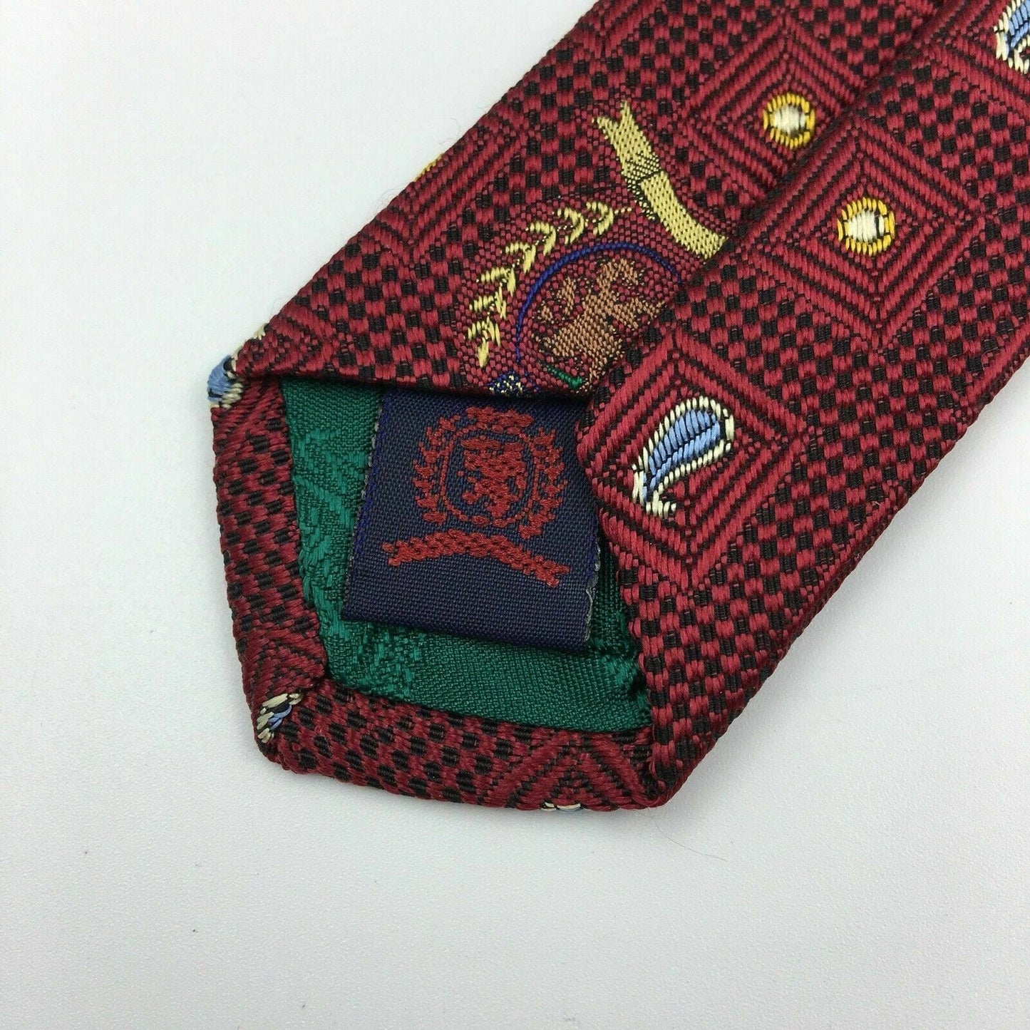 Tommy Hilfiger Mens Red Paisley Logo Square Pattern 100% Silk Neck Tie  58” X 4”