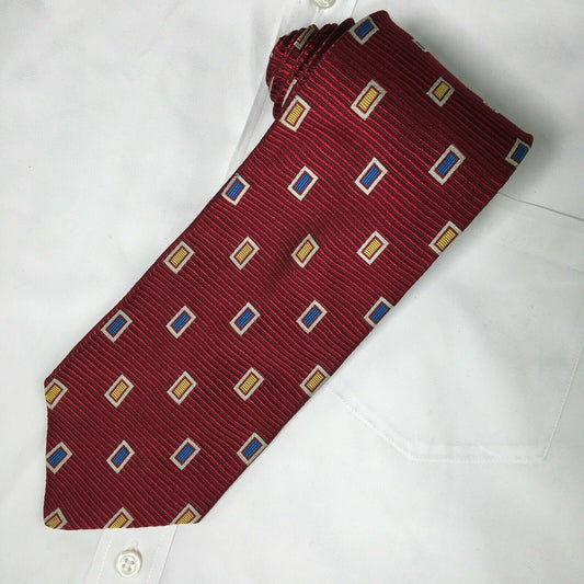 Paul Fredrick Mens Red Textured Stripe W/ Blue & Gold Block Italian Silk Tie