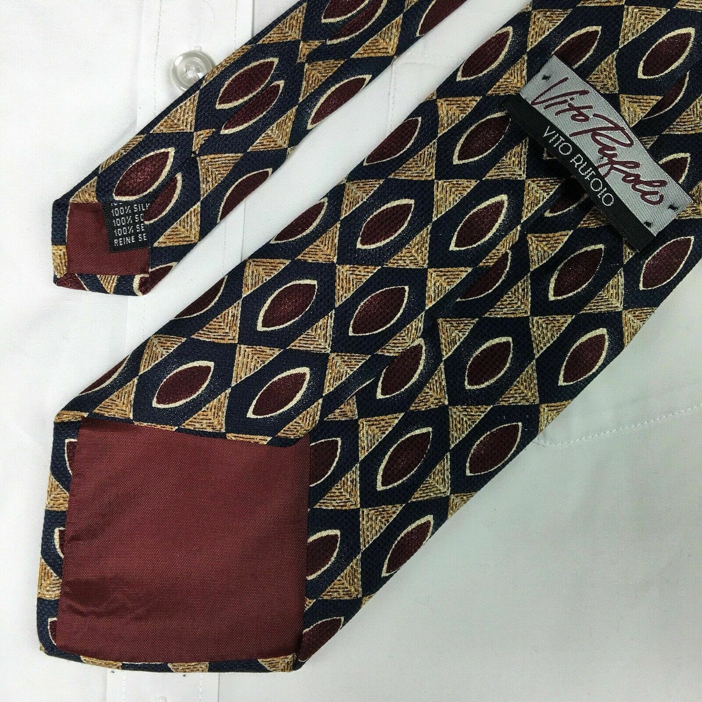 VTG Vito Rufolo Mens Navy/Maroon/Gold Geometric Pattern 100% Silk Neck Tie 58”