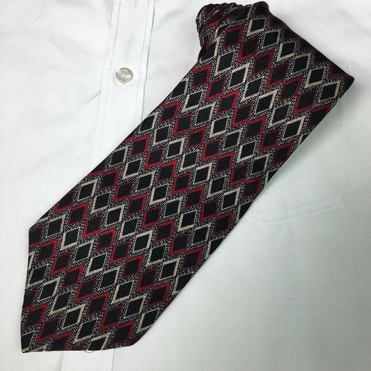 Venanzi Mens Black W/ Red & Tan Diamond Pattern Print 100% Silk Neck Tie