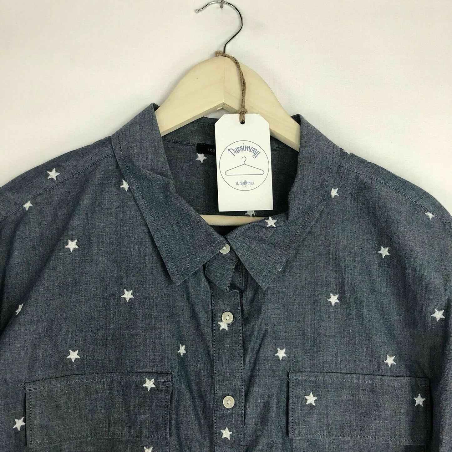 Tommy Hilfiger Women's Blue Star-Patterned Long Sleeve Button-Up Shirt - Size L