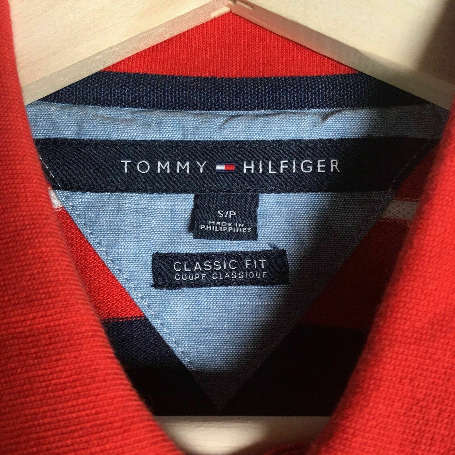 Tommy Hilfiger Mens Size S Orange Blue White Polo Shirt Striped Classic Fit S/S