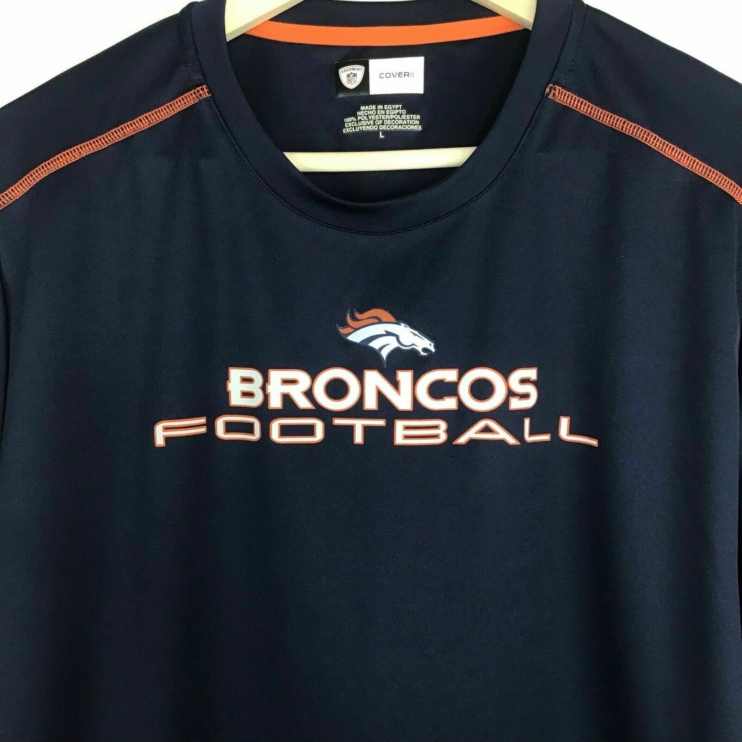 NFL Cover II Mens Size L T-Shirt Blue Football Denver Broncos Crew Neck S/s