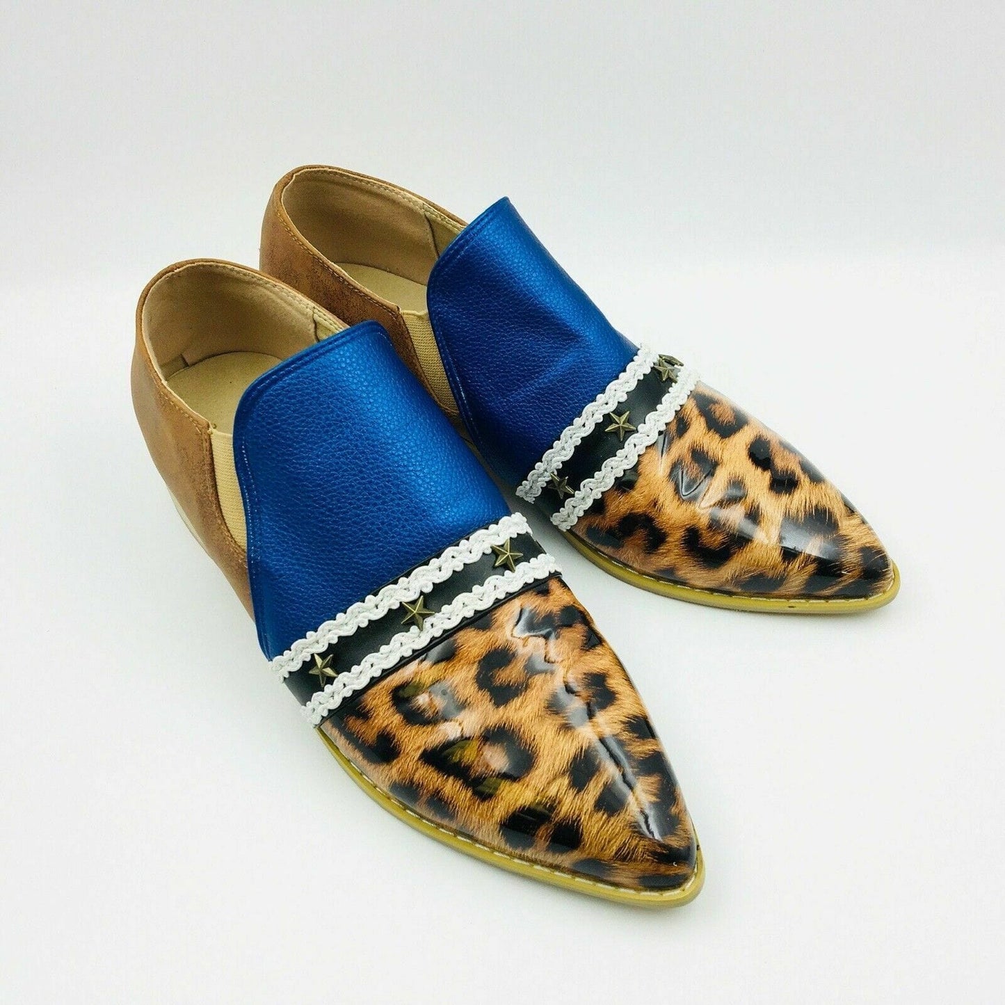 Womens Fashion Size 9 Blue Faux Leather Cheetah Suede Heeled Loafer Shoes