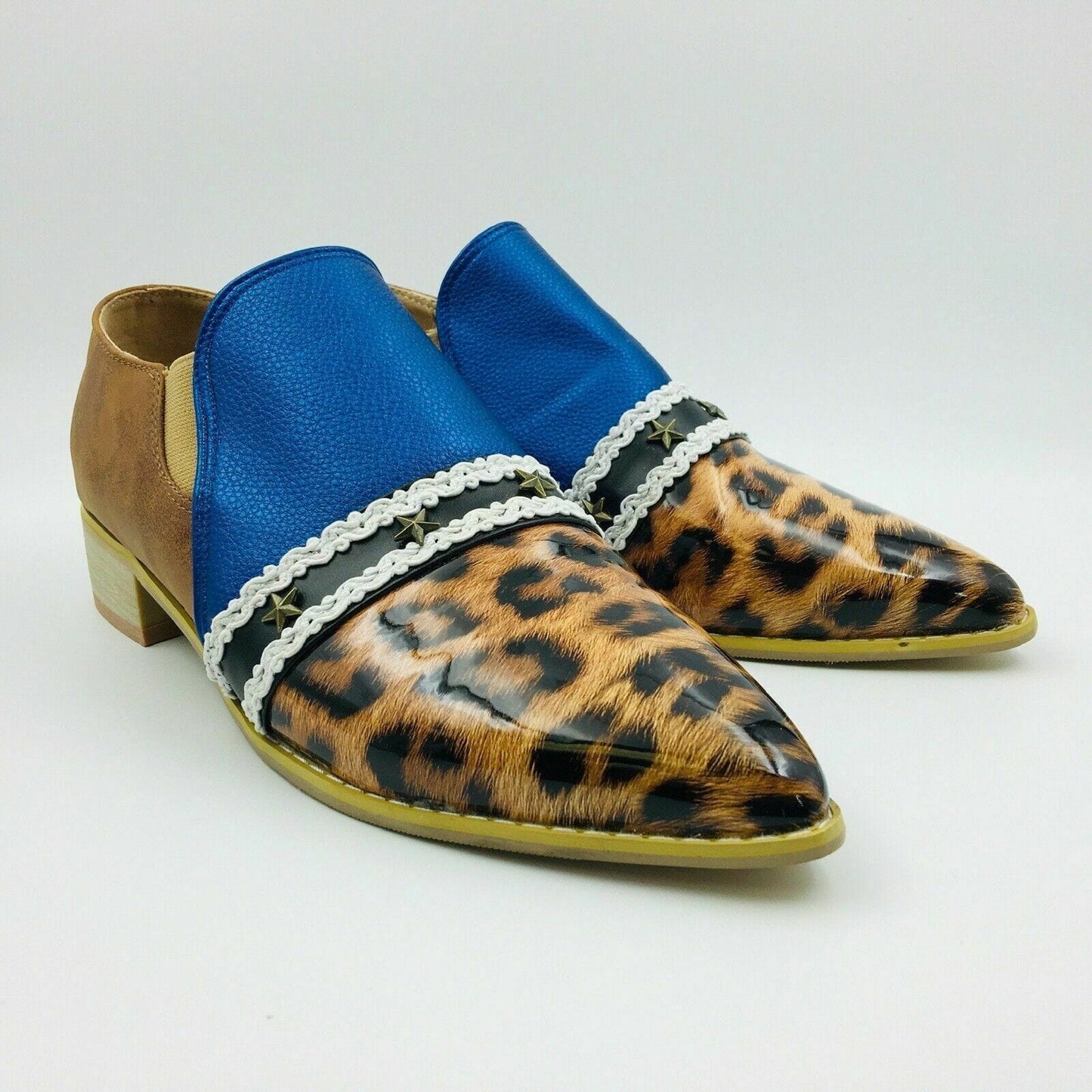 Womens Fashion Size 9 Blue Faux Leather Cheetah Suede Heeled Loafer Shoes