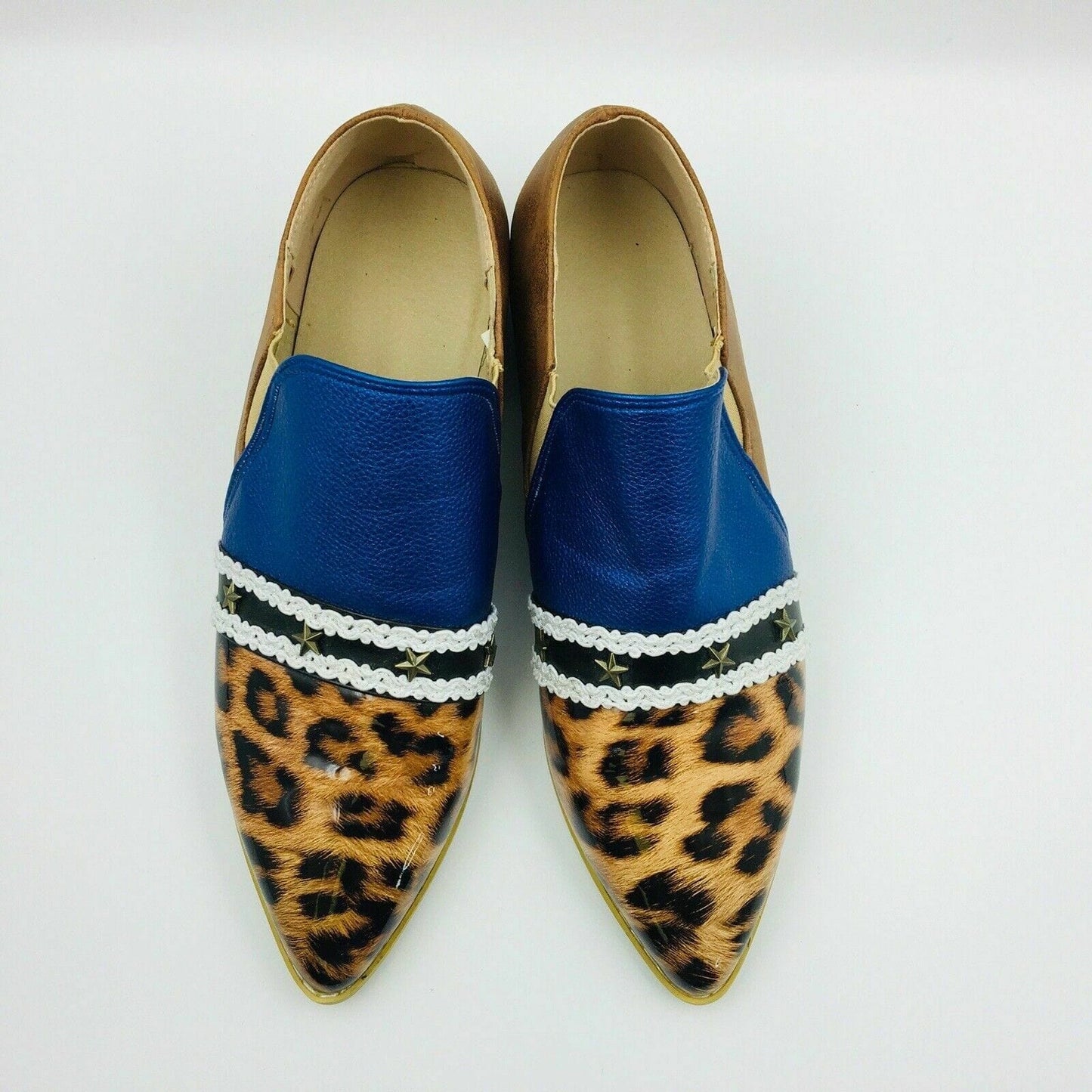 Womens Fashion Size 9 Blue Faux Leather Cheetah Suede Heeled Loafer Shoes