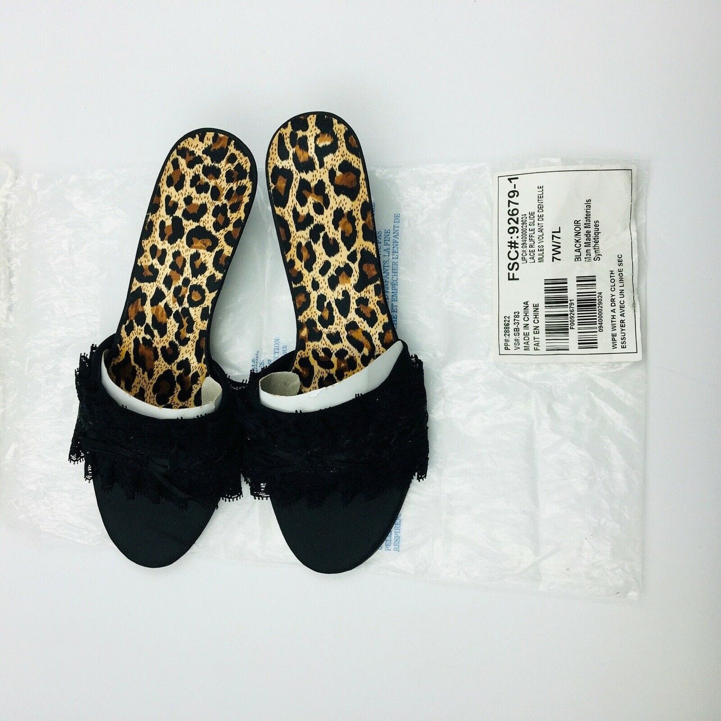 Womens Lace Ruffle Slide Heels, Black Cheetah Print - Size 7W
