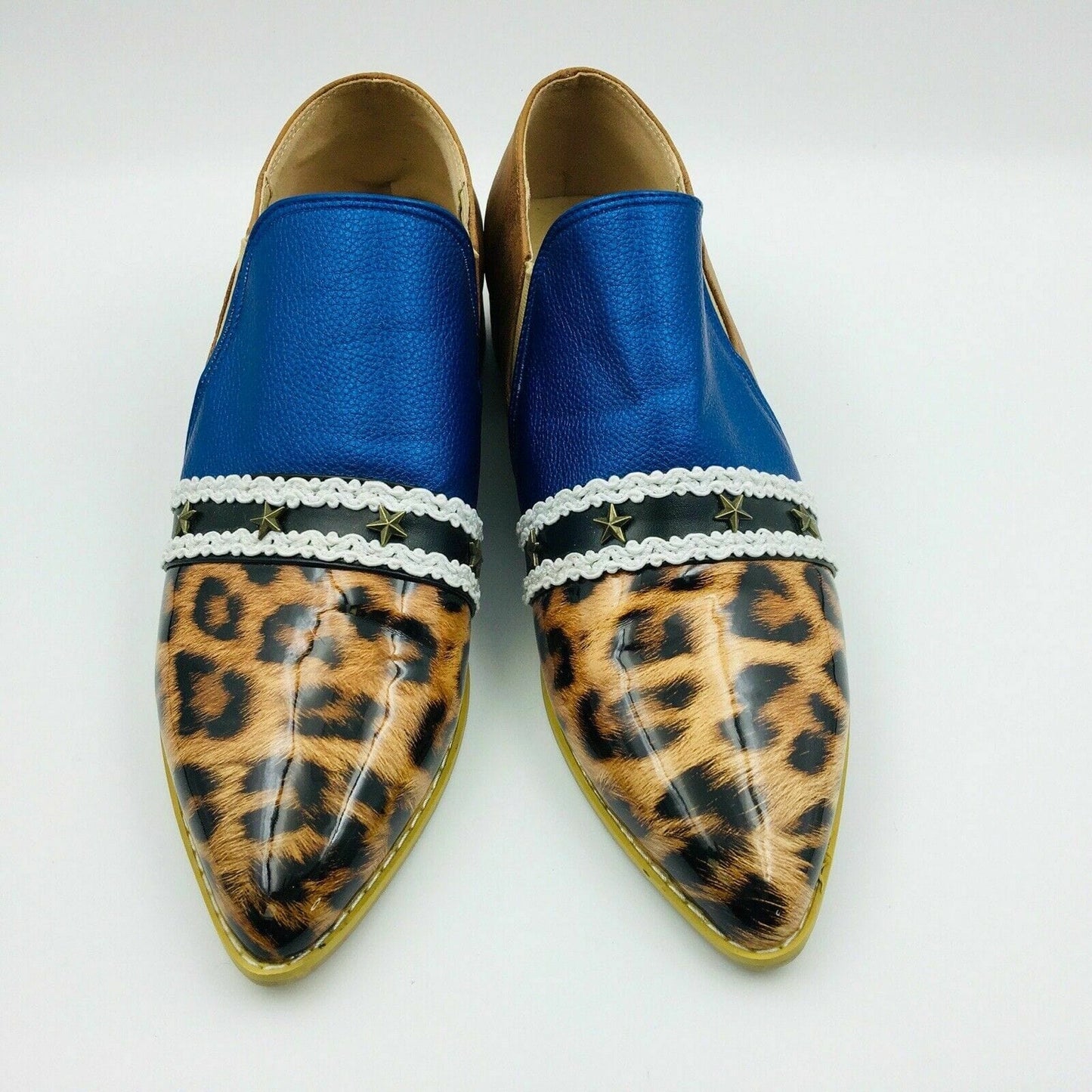 Womens Fashion Size 9 Blue Faux Leather Cheetah Suede Heeled Loafer Shoes