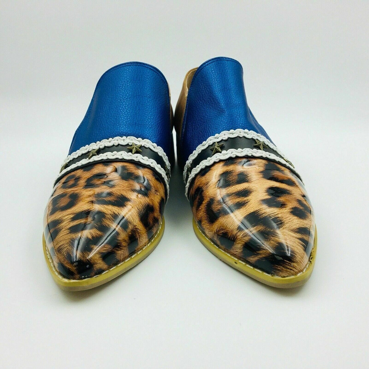 Womens Fashion Size 9 Blue Faux Leather Cheetah Suede Heeled Loafer Shoes