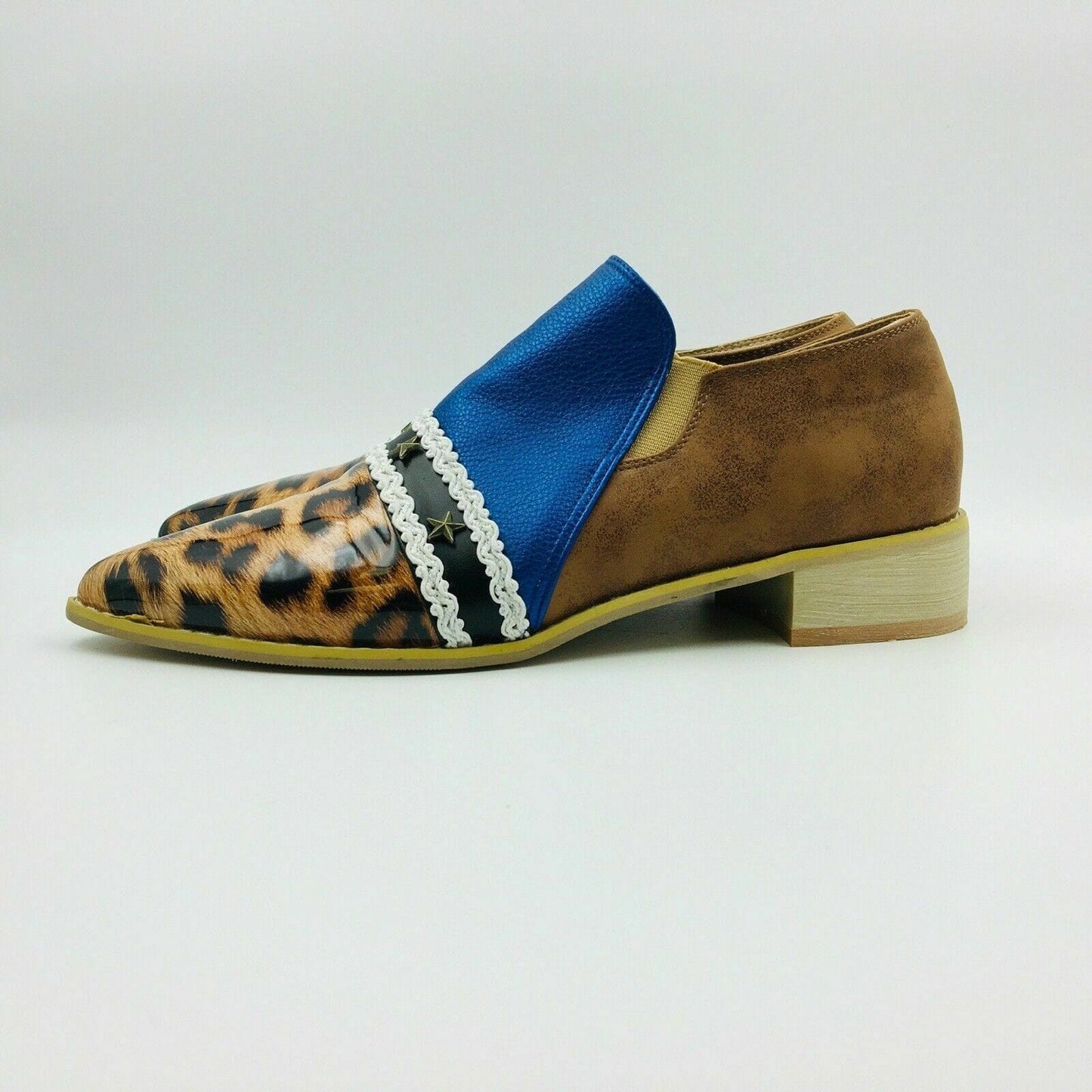 Womens Fashion Size 9 Blue Faux Leather Cheetah Suede Heeled Loafer Shoes