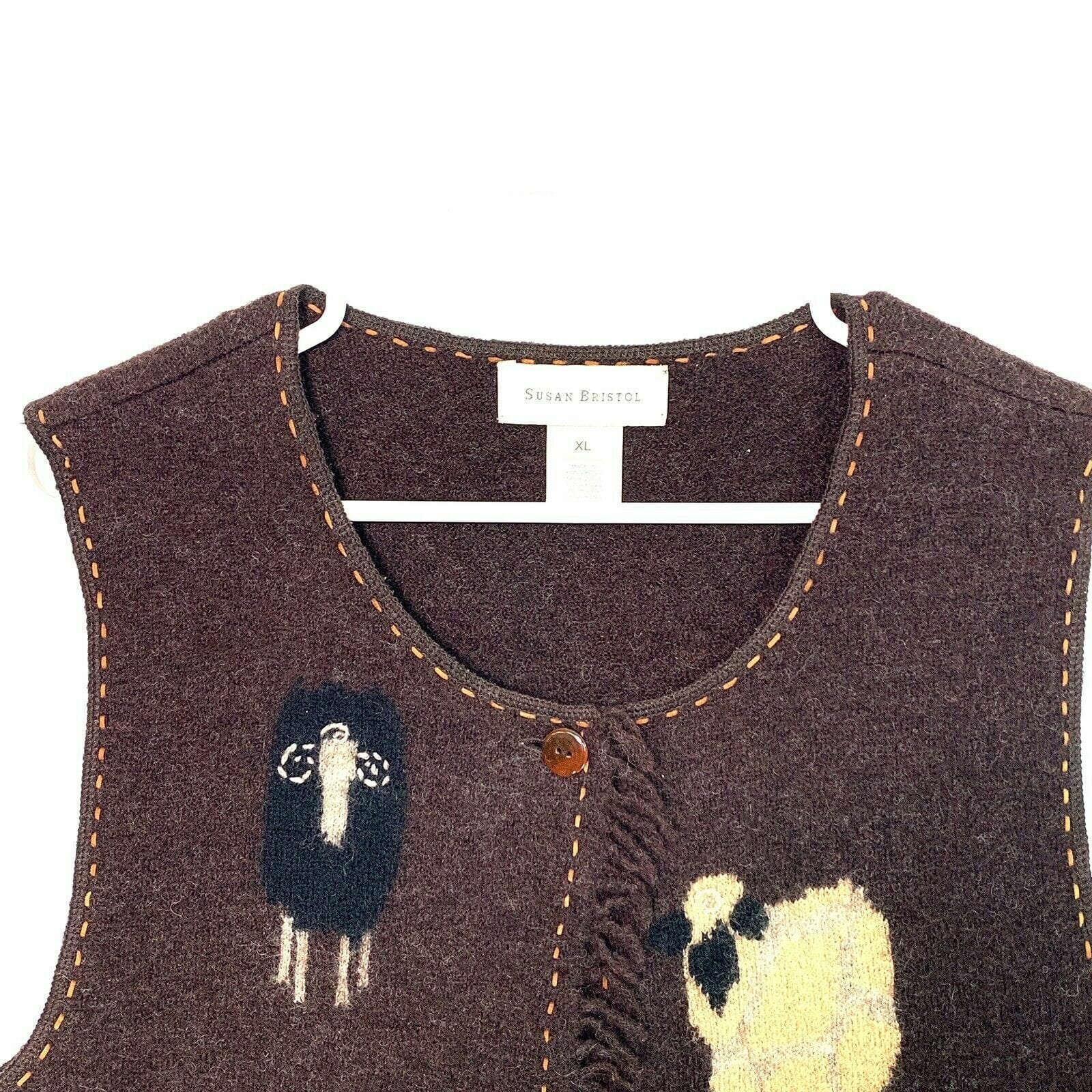 Susan Bristol Womens Size XL Chocolate Brown Wool Vest Sheep Motif