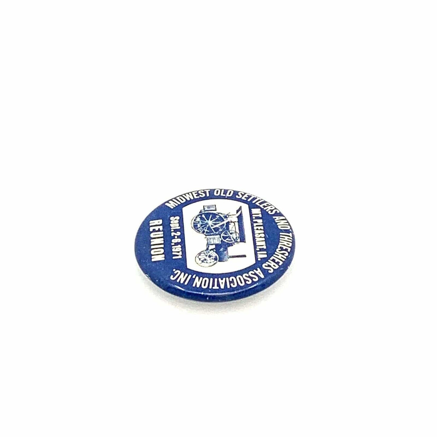 Vintage 1971 Midwest Old Settlers Threshers Assoc. Reunion Button Pin Pinback, Blue