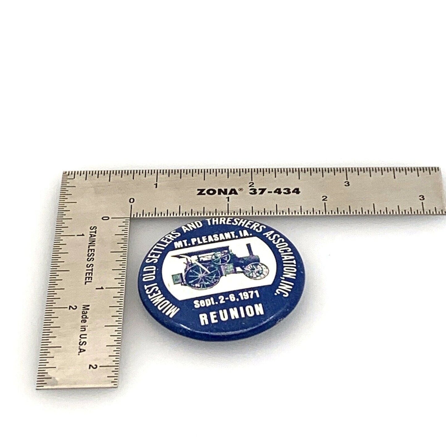 Vintage 1971 Midwest Old Settlers Threshers Assoc. Reunion Button Pin Pinback, Blue