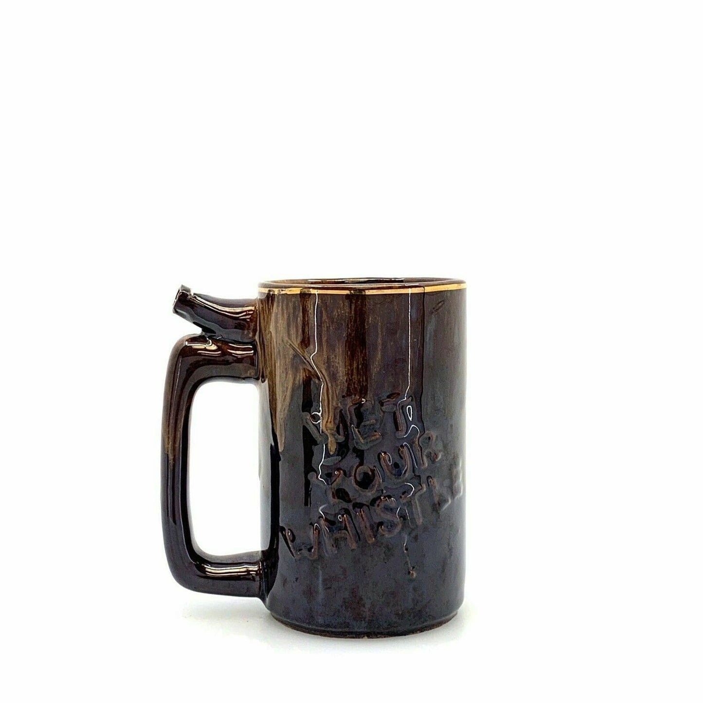 Vintage Beer Mug Whistle for your Beer • Wet your Whistle Brown Glaze Barware - parsimonyshoppes