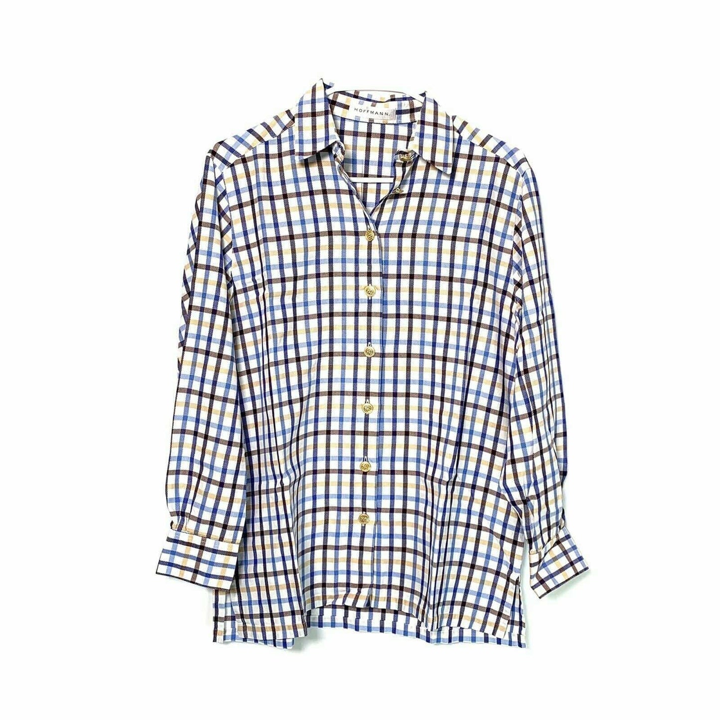 Hoffmann Womens Button Up Dress Shirt, White Blue Yellow Brown Plaid - Size 40 - parsimonyshoppes