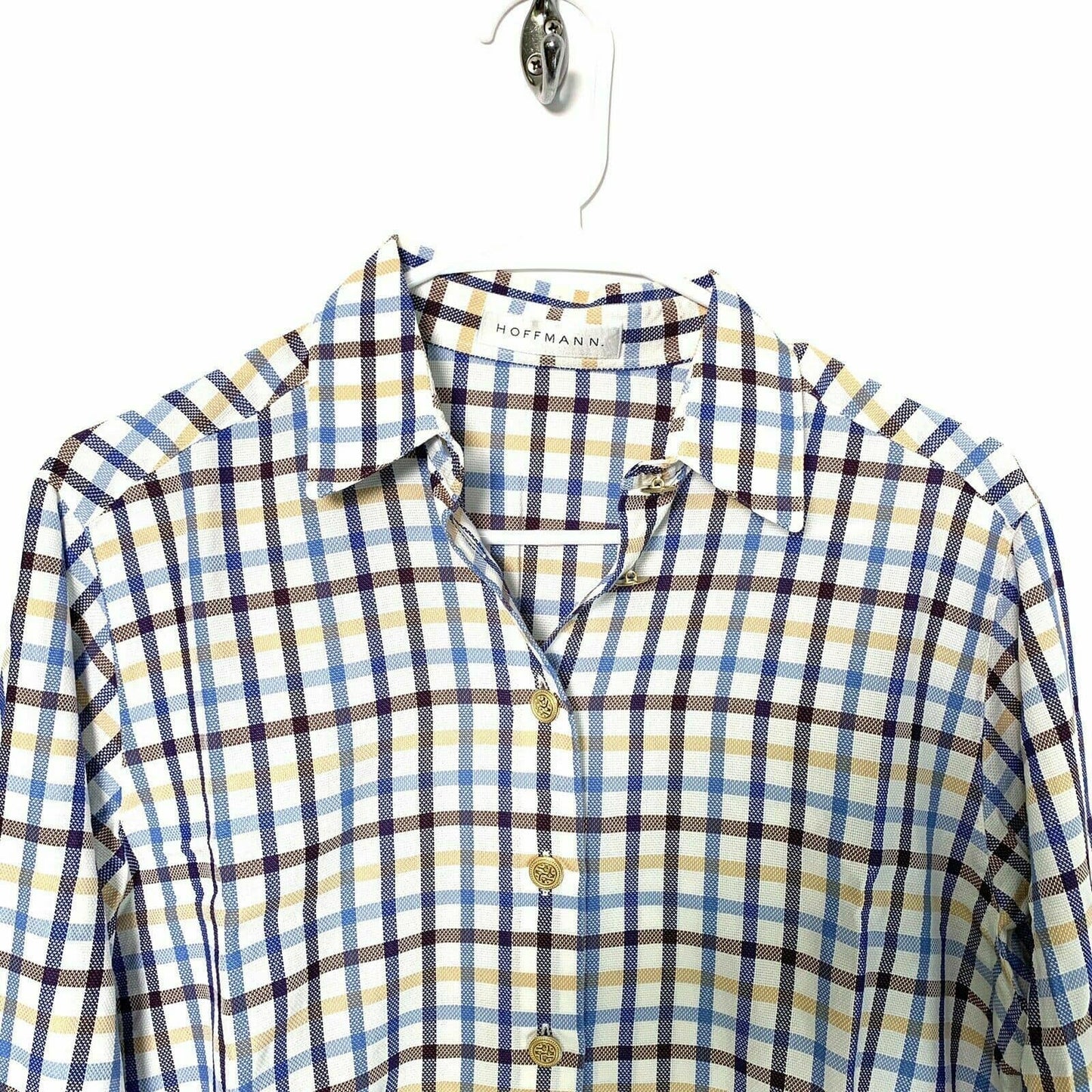 Hoffmann Womens Button Up Dress Shirt, White Blue Yellow Brown Plaid - Size 40 - parsimonyshoppes