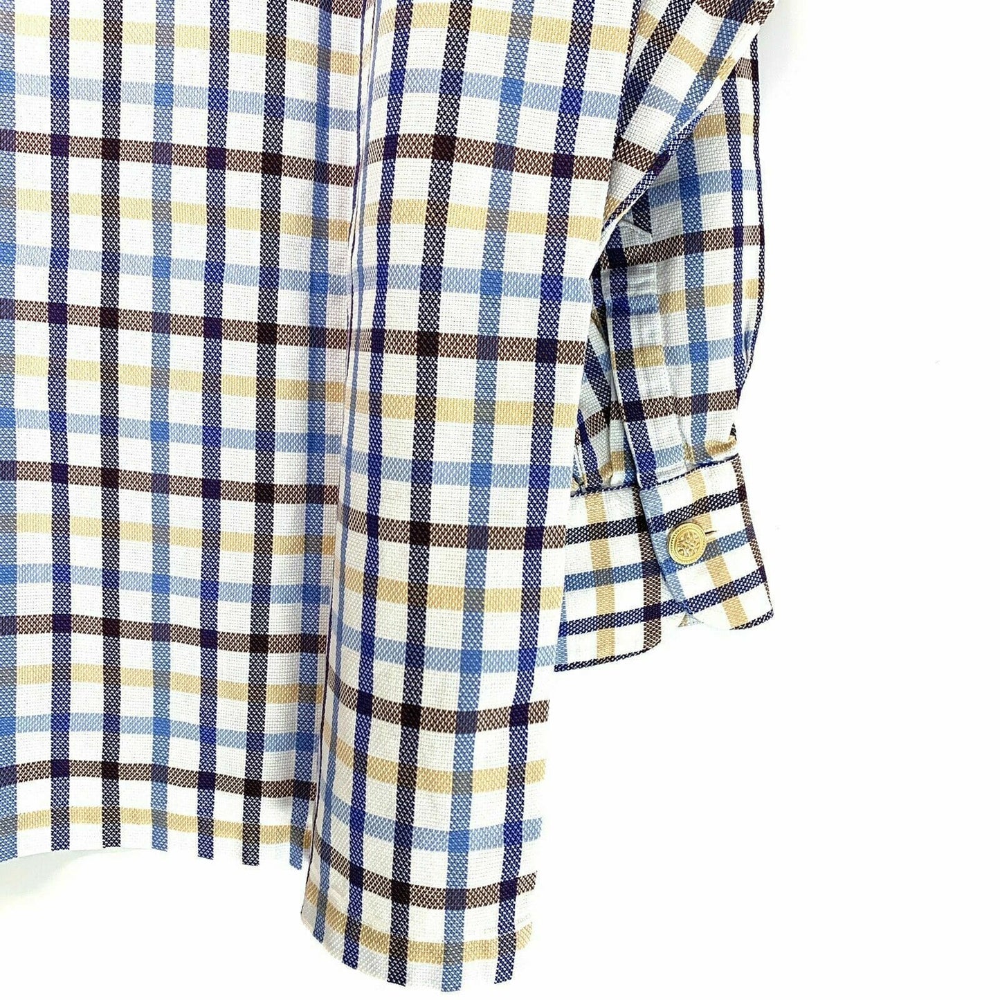 Hoffmann Womens Button Up Dress Shirt, White Blue Yellow Brown Plaid - Size 40 - parsimonyshoppes