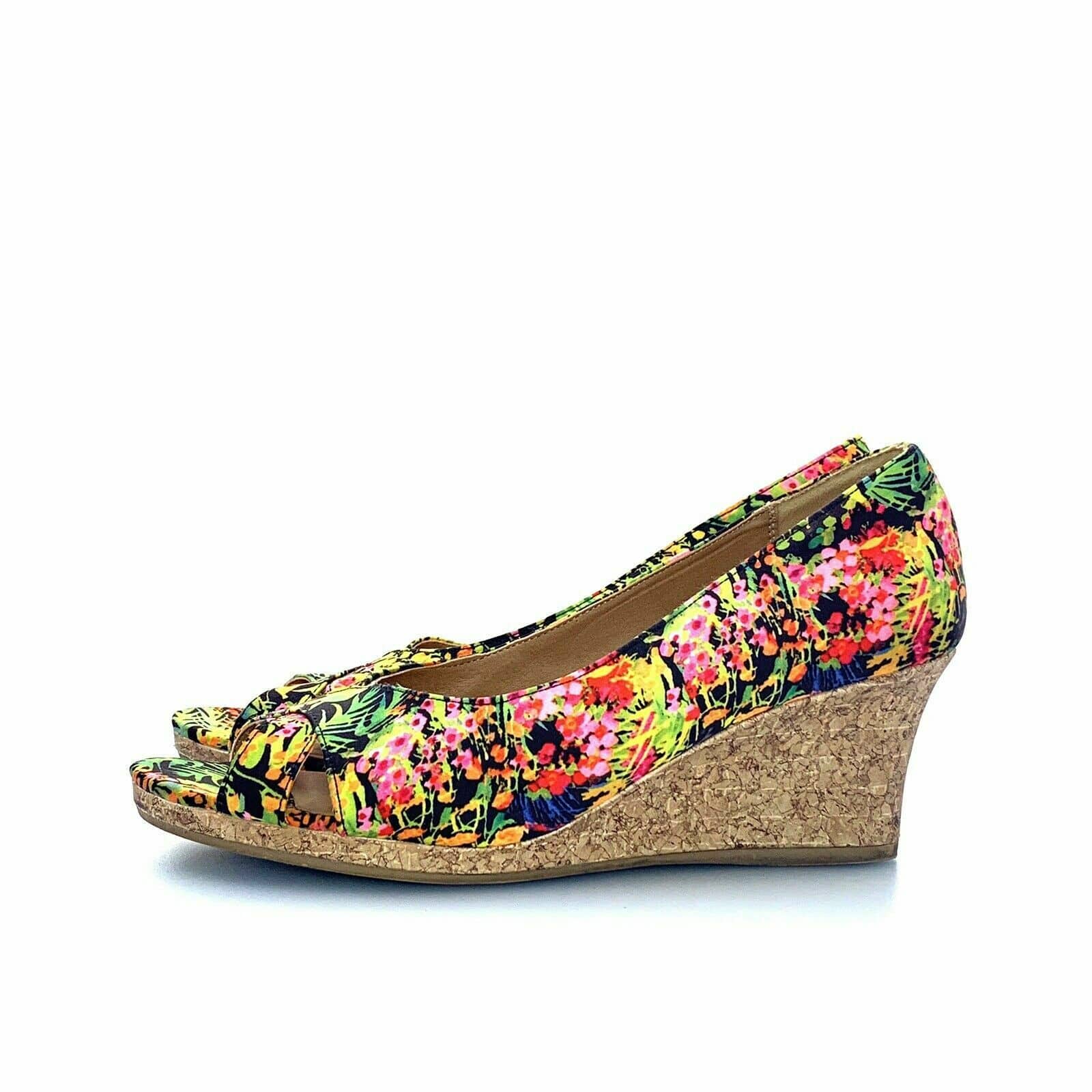 Dexflex Comfort Open Toe Floral Women Heels Wedges Size 12 Cork Summer Colorful - parsimonyshoppes
