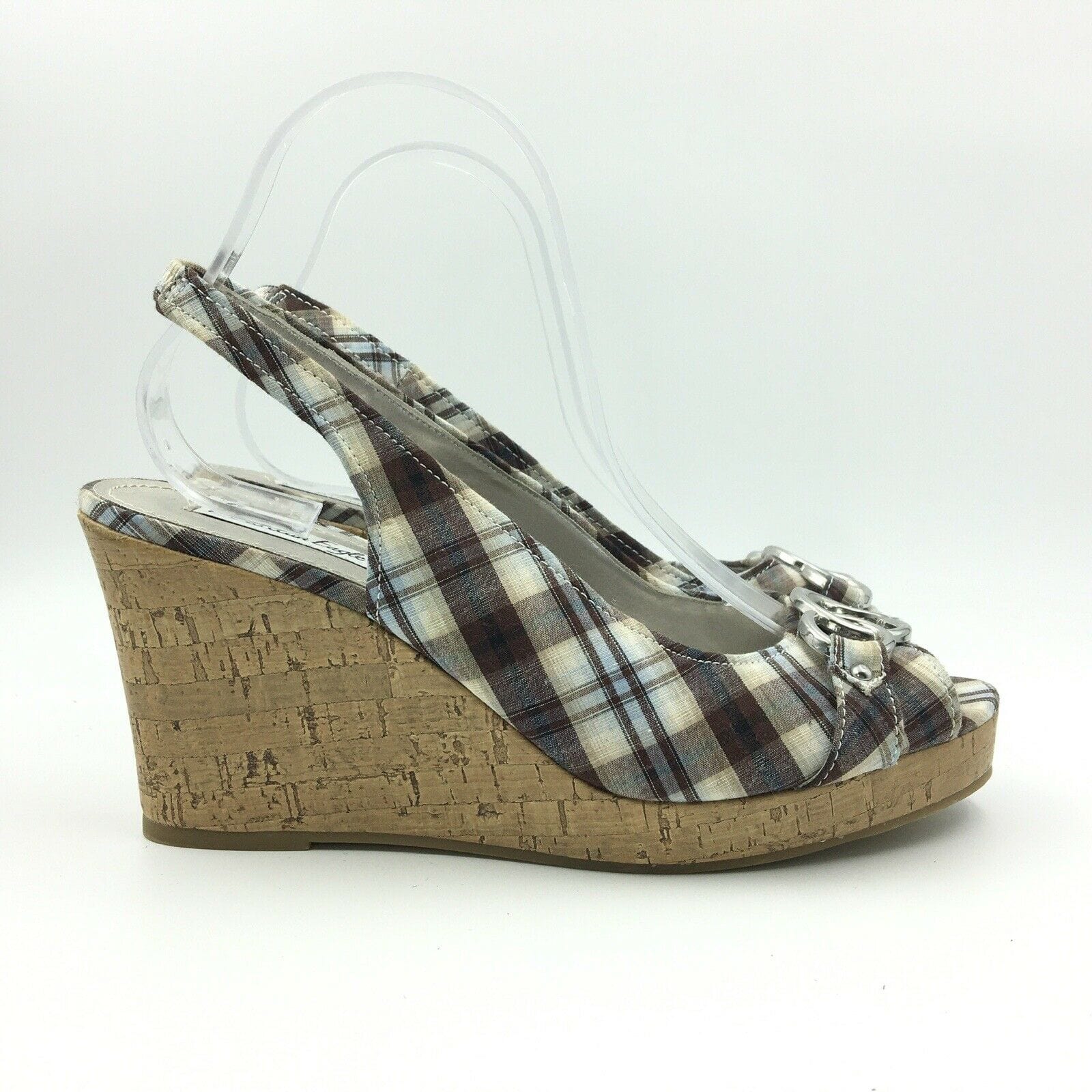 American Eagle Womens Size 10 Cream Brown Plaid Cork Wedge Heels Shoes - parsimonyshoppes