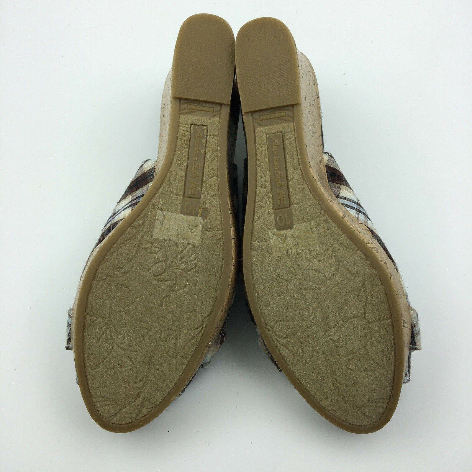 American Eagle Womens Size 10 Cream Brown Plaid Cork Wedge Heels Shoes - parsimonyshoppes