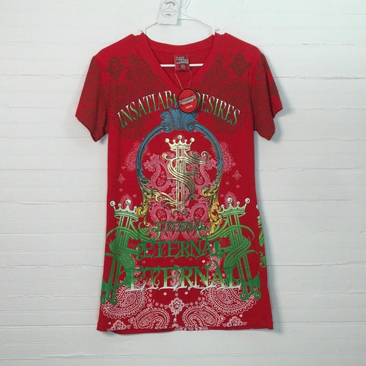 Insatiable Desires Raw Blue Juniors V-Neck T-Shirt XL Red Solid Graphic T Womens Used