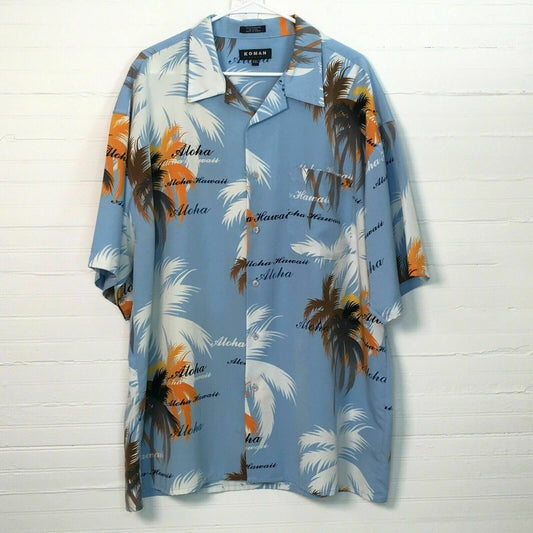 Koman Mens Hawaiian Shirt Size XXL Light Blue Floral Palm Print Short Sleeve