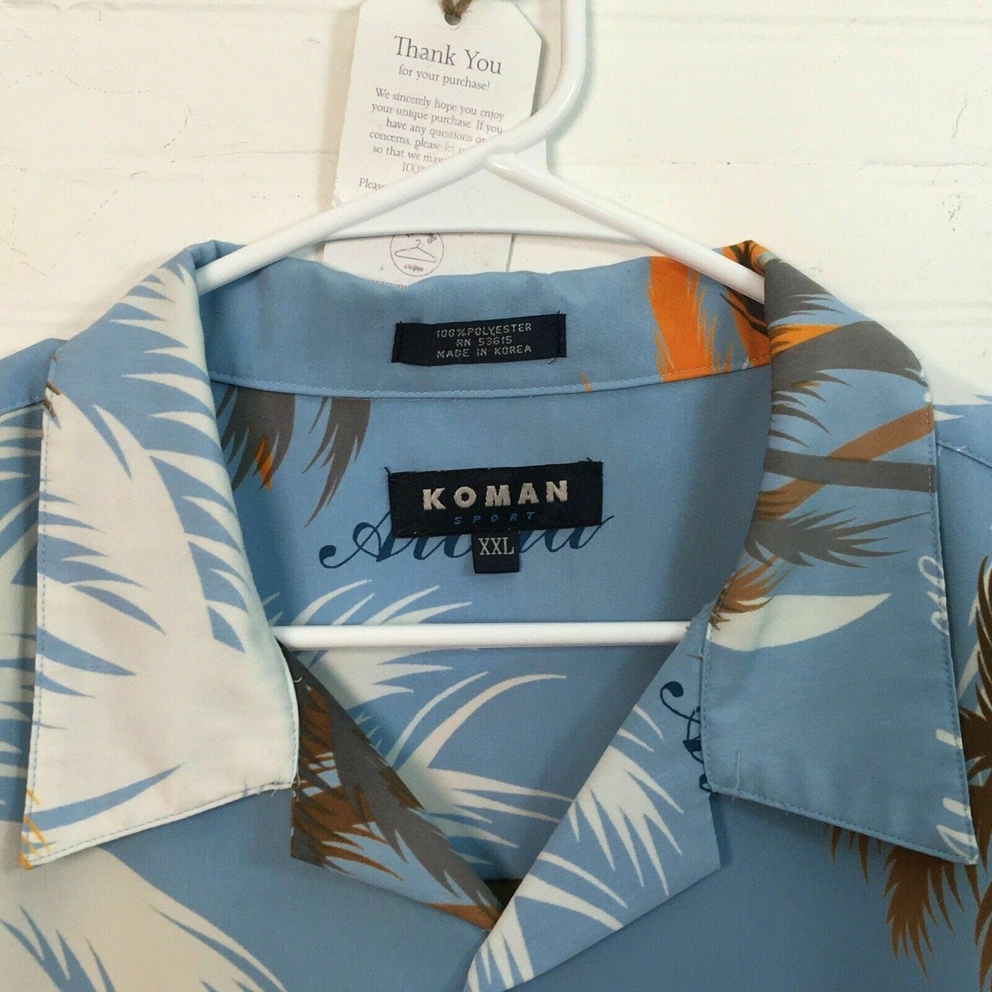 Eye-catching Koman Mens Hawaiian Shirt - XXL - Light Blue Floral Palm Print - Short Sleeve