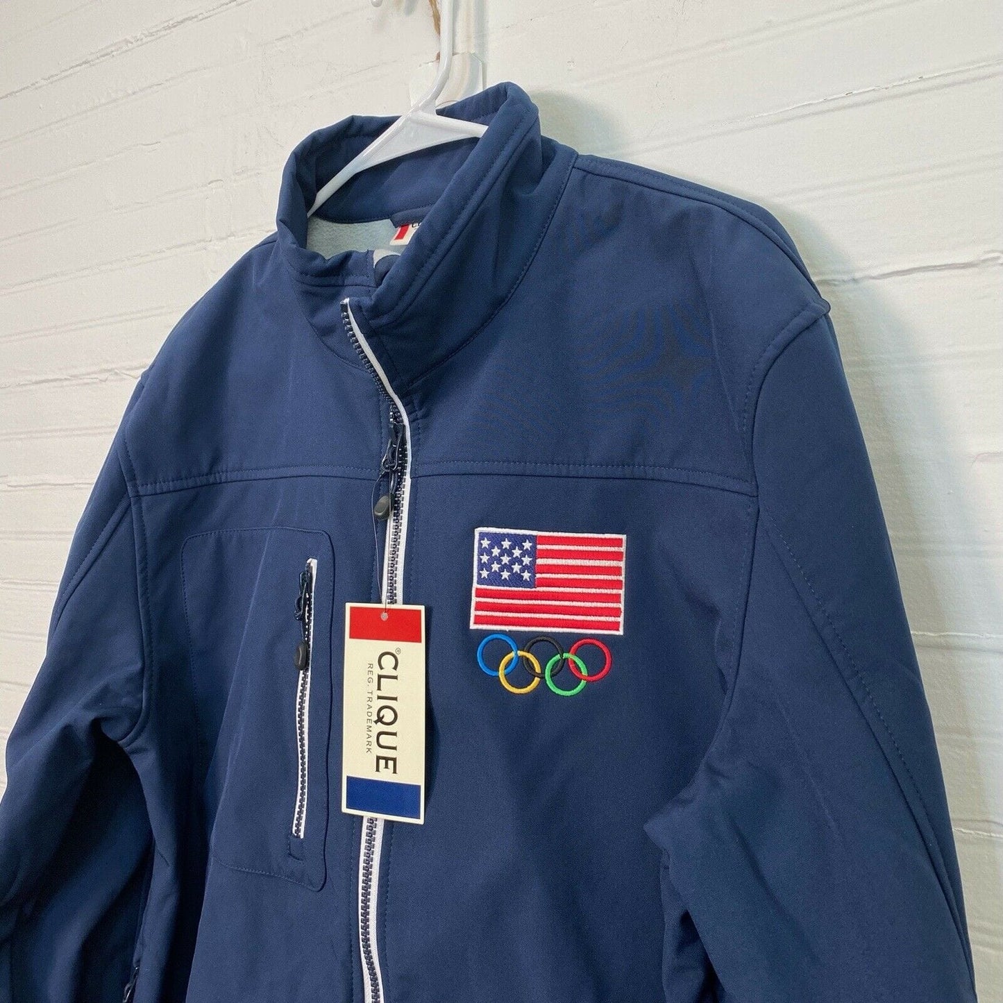 Patriotic Clique Olympics Jacket Mens Medium Blue American Flag Rings “Hershey”