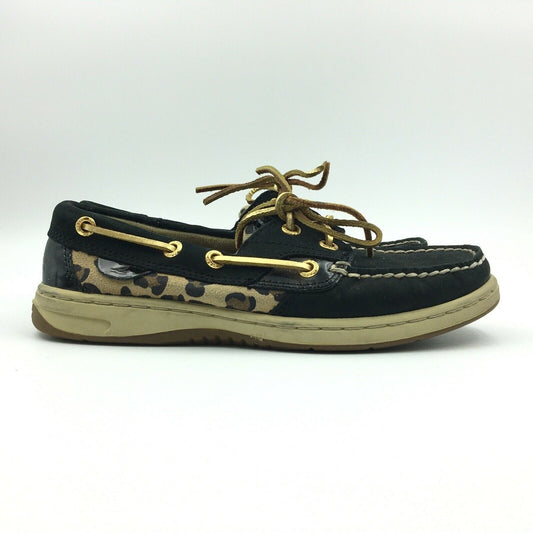 Captivating Sperry Top-Sider Womens Boat Shoes Durable Black Leopard Patent Lace Up Size 5.5 M