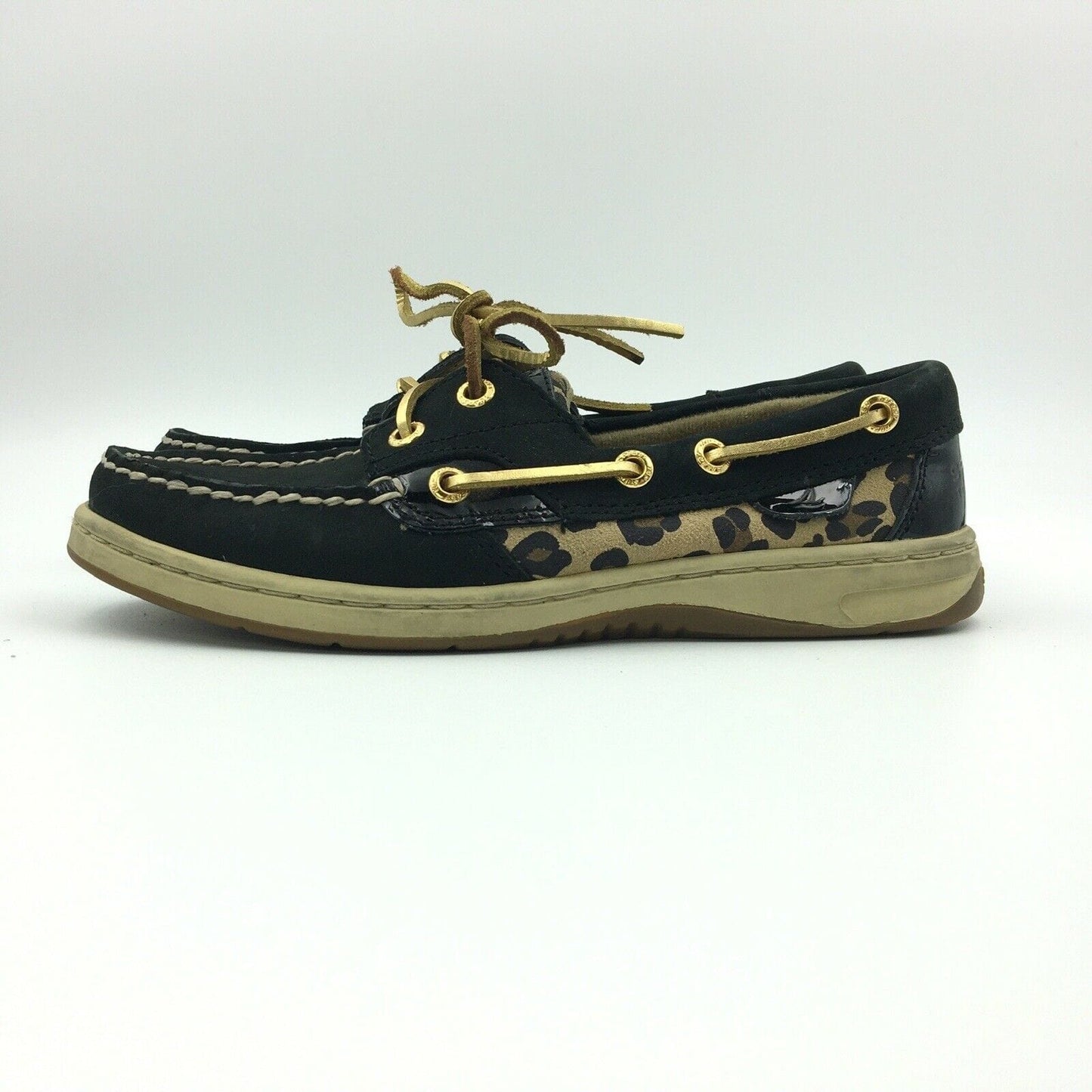 Sperry Top-Sider Womens Boat Shoes Black Leopard Patent Lace Up Size 5.5 M