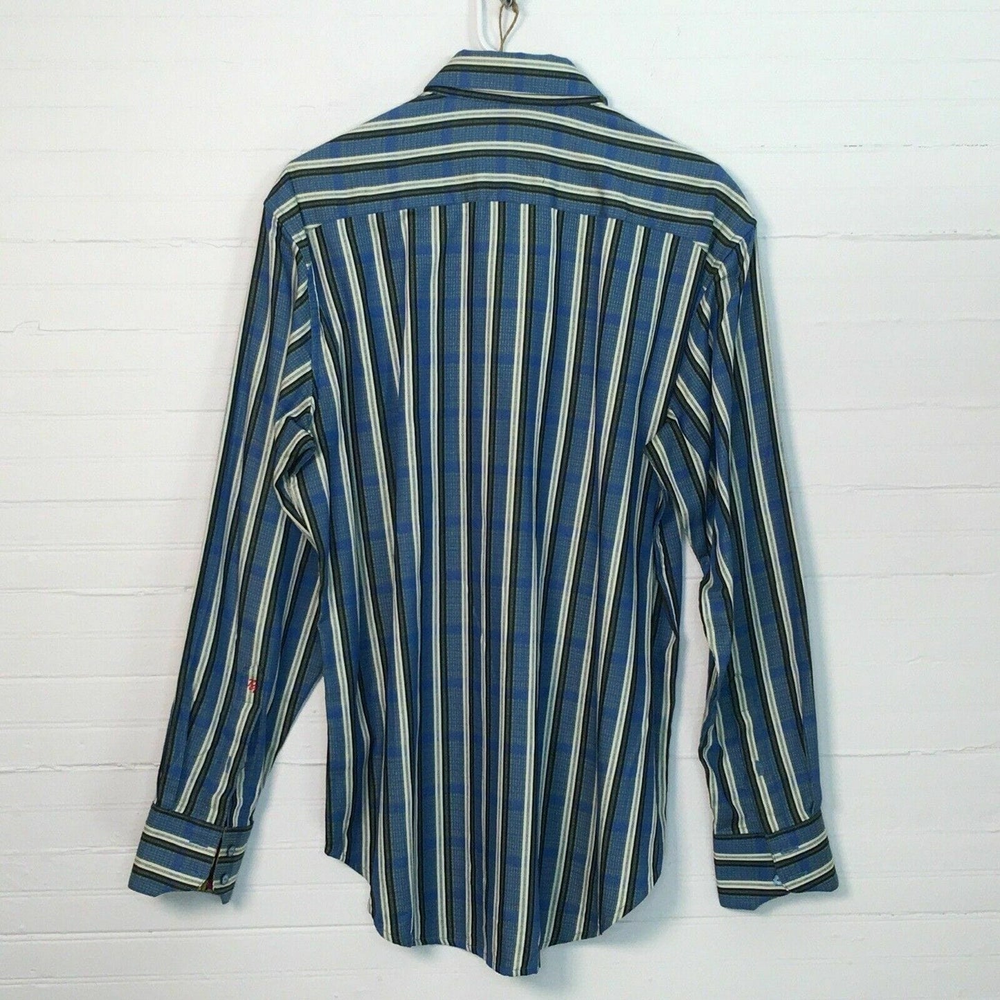 Robert Graham Mens Long Sleeve Shirt, Blue Striped - Size M - Contrasting Cuffs