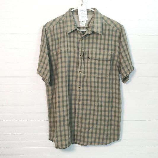 North Face Mens Short Sleeve Button Up Shirt, Brown Green Plaid - M - Vented