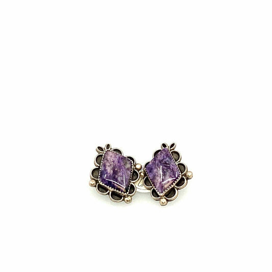 Vintage Charm Navajo Womens Clip On Sterling Silver Earrings, Purple Charoite Stone