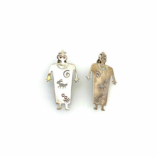 Charming Vintage Hopi Cutout Ant Man Clip On Earrings - 1.75" Silver