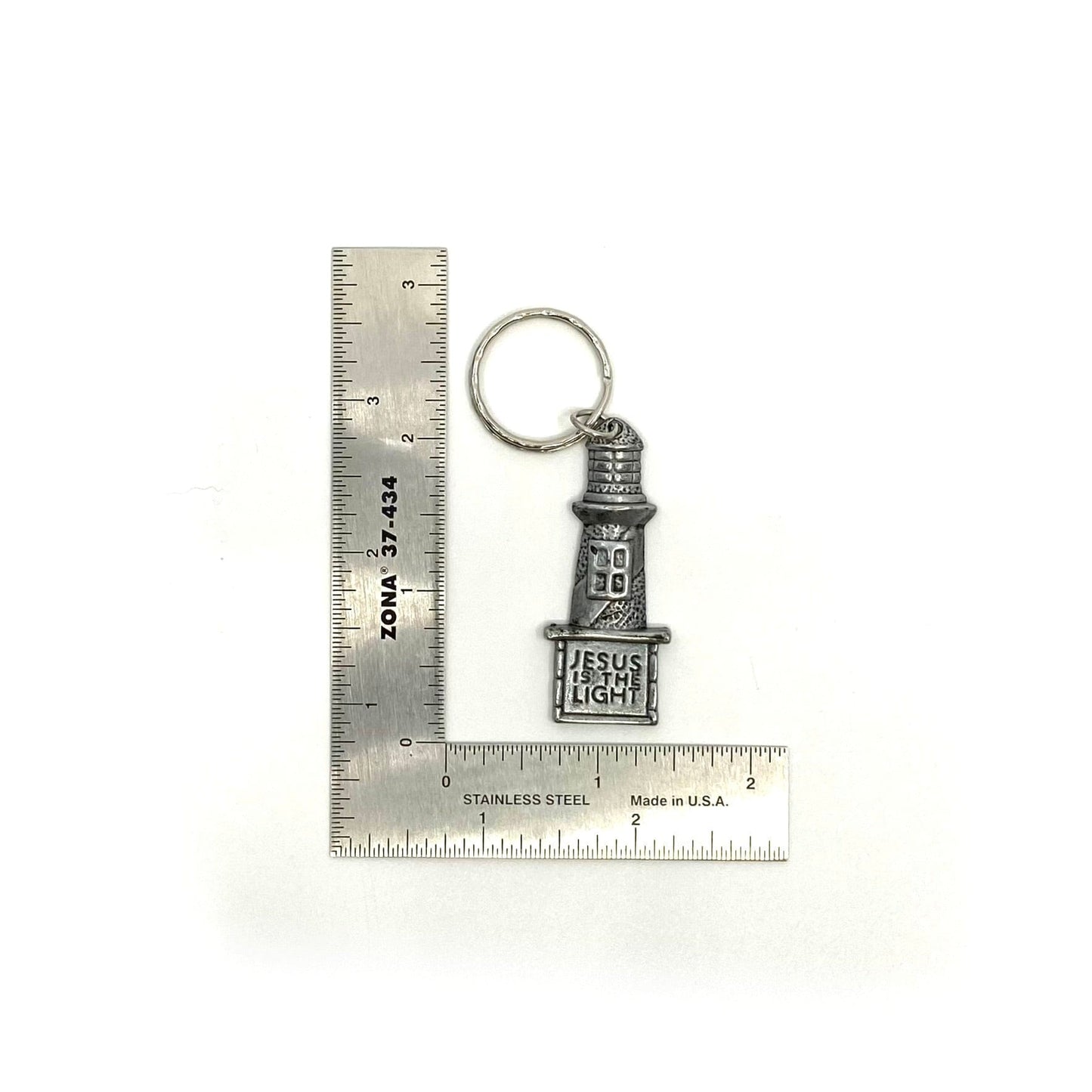 “Jesus Is The Light” Pewter Lighthouse Keychain Key Ring
