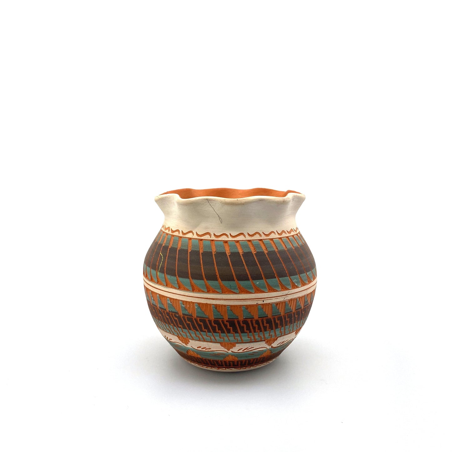 Navajo Pottery by Anna Tsosie Terra Cotta Hand Etched Jar 4.5” White Orange Blue