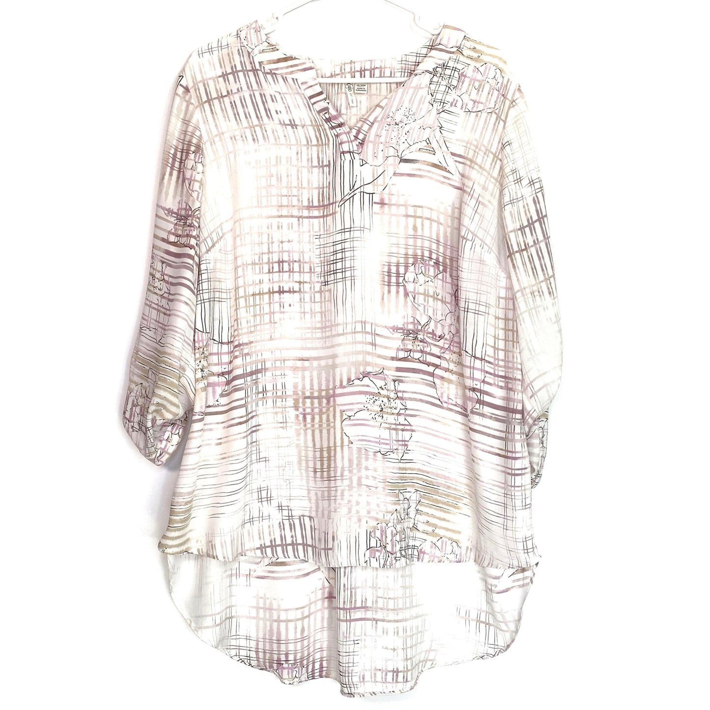Cato | Womens Grid Pattern L/s Blouse | Size: 14/16W | Color: White | Pre-Owned