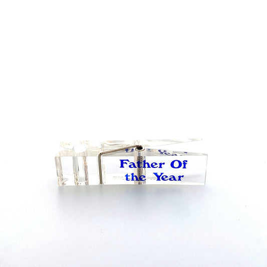 Vintage Lucite Clothes Pin Desk Paperweight “Father of the Year” Office Decor